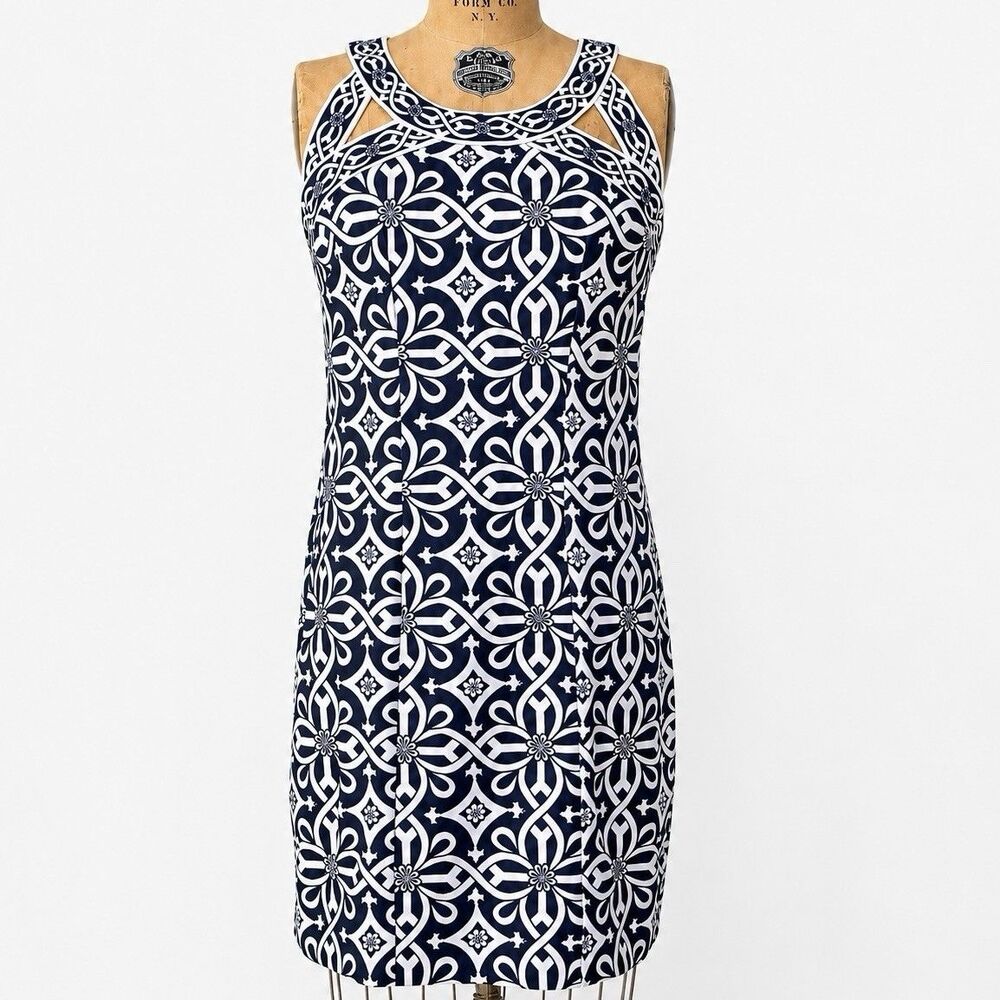 Gretchen Scott Isosceles Jersey Dress Womens M Navy White Geometric Shift Cutout